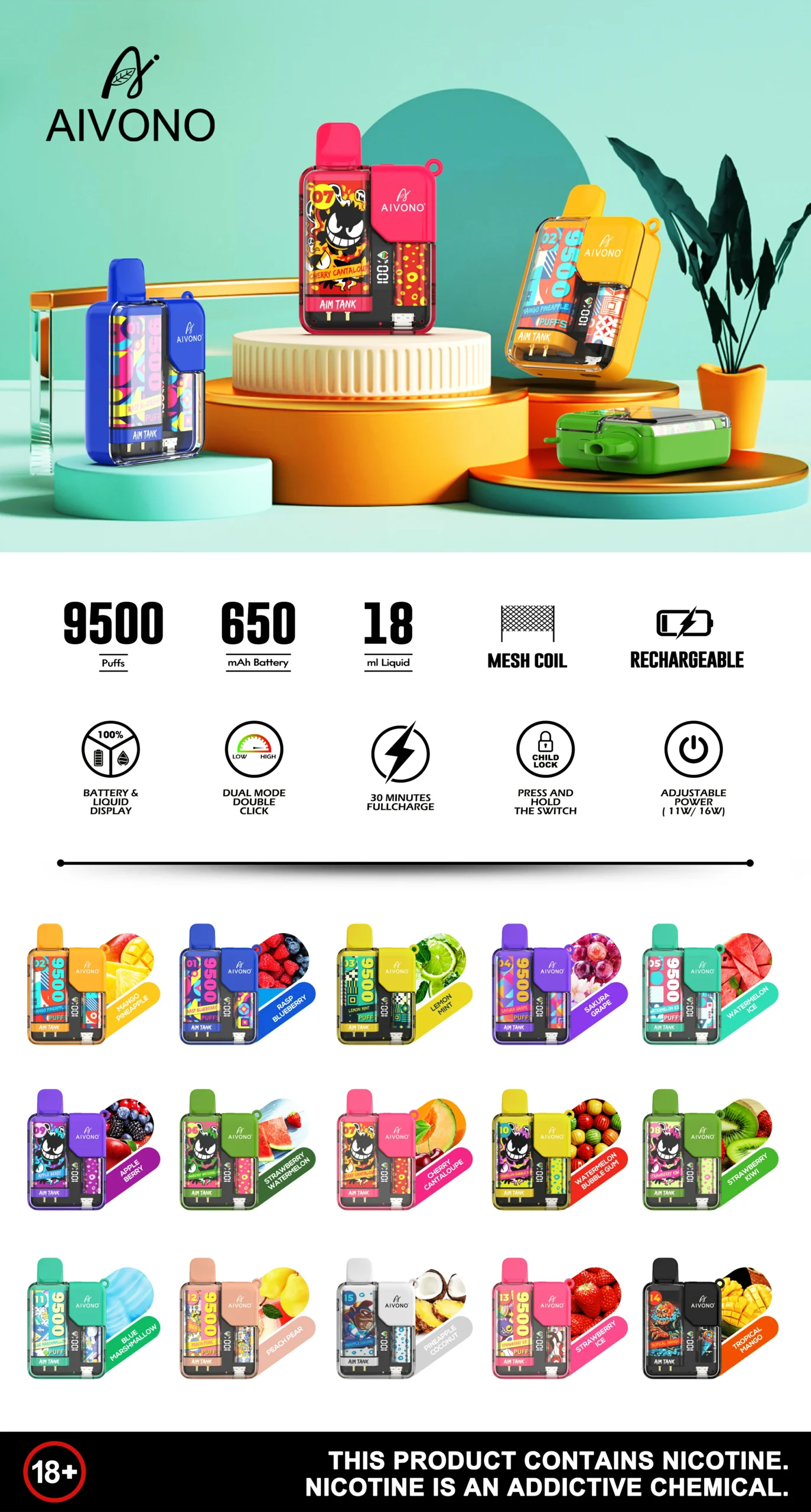 AIVONO AIM TANK 9500 Puffs 0% 2% 3% 5% Bulk Comprar Caneta Vapes Descartável Recarregável com Baixa Nicotina Atacado