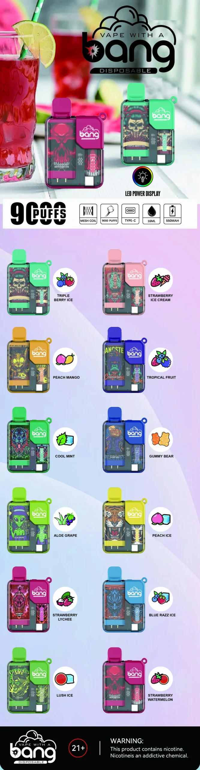 Bang BC 9000 Puffs 0% 2% 3% 5% Baixa Nicotina Recarregável Vapes Descartáveis ​​Pen Bulk Comprar Atacado