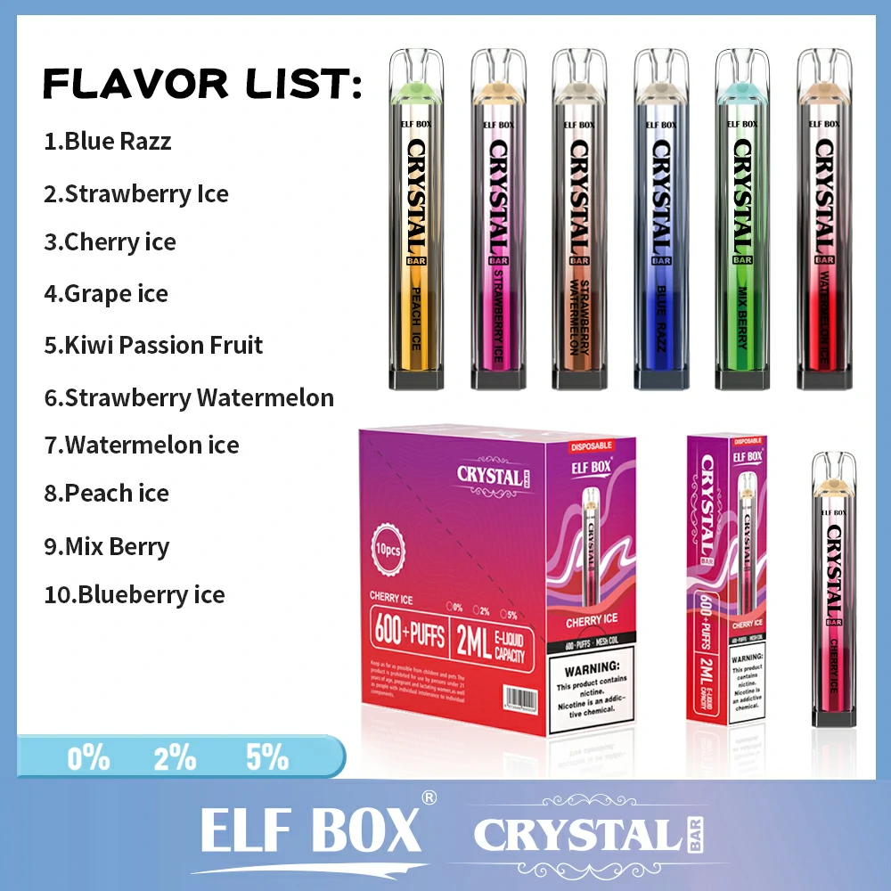 ELF BOX CRYSTAL BAR 600 затяжек 0% 2% 5% Никотиновая перезаряжаемая одноразовая сигарета оптом