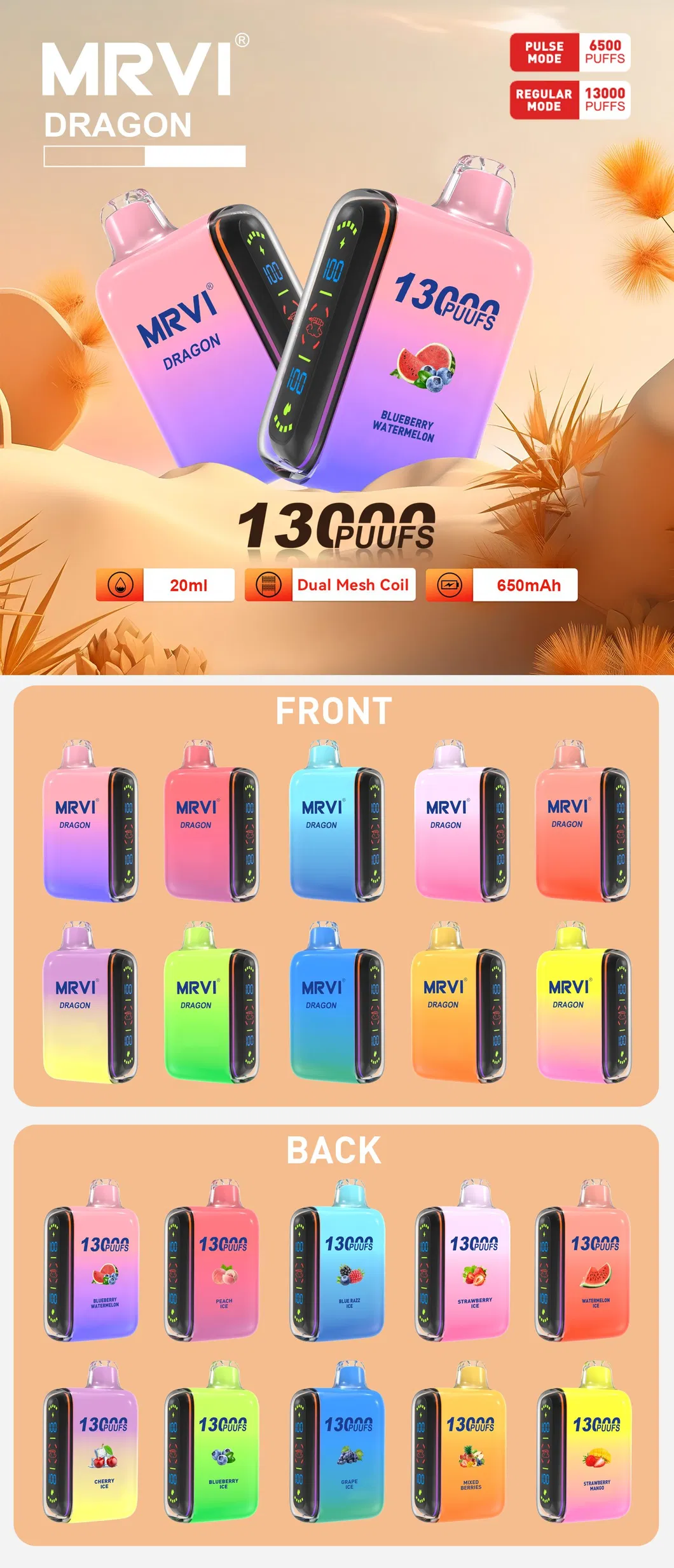MRVI Dragon 13000 Puffs Dual Mesh Schermo digitale 2% 5% Penna per vapori usa e getta ricaricabile a basso contenuto di nicotina all'ingrosso Acquistare all'ingrosso
