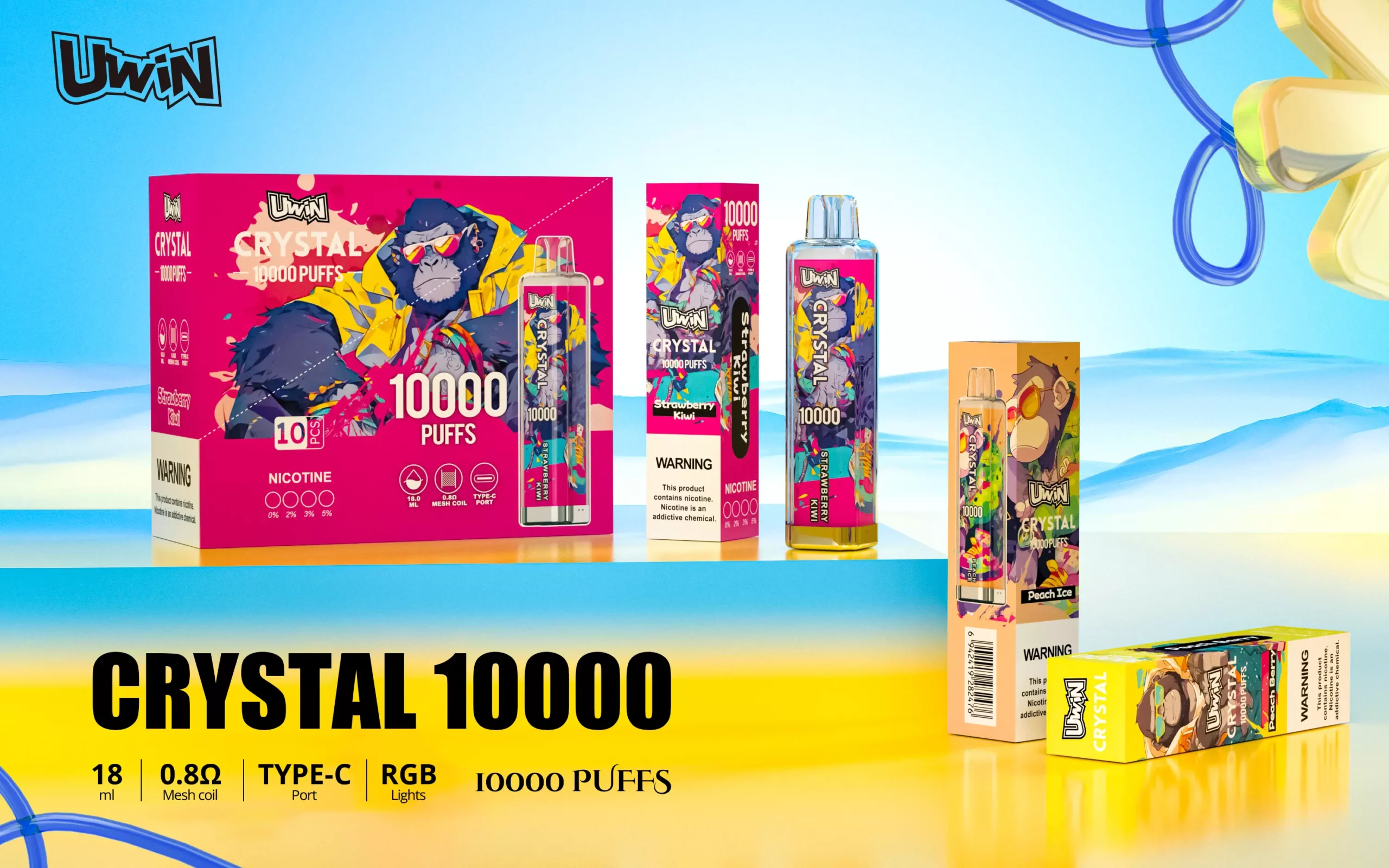 Uwin Crystal 10000 Puffs 0% 2% 3% 5% Перезаряжаемые одноразовые ручки для электронных сигарет с низким содержанием никотина Купить оптом