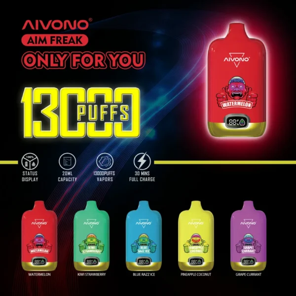 AIVONO AIM FREAK 13000 Puffs Цифровой экран 0% 2% 3% 5% Перезаряжаемые одноразовые ручки для электронных сигарет с низким содержанием никотина Купить оптом - BackVape - 1
