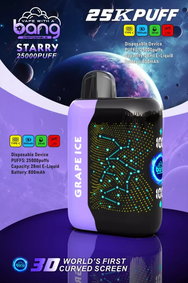 Bang Starry 25000 Puffs 3D buet skærm 0% 2% 3% 5% Genopladelige engangsvapes med lav nikotinindhold Pen Bulk Køb Engros - BackVape - 14